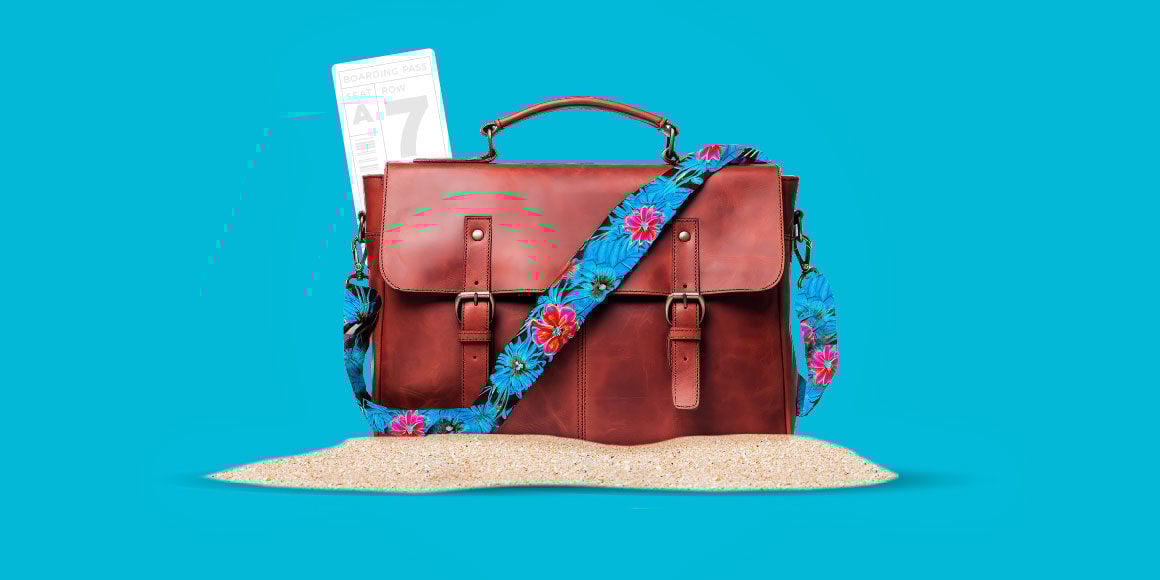 Incentive Travel Trends: Luggage on sand with blue background.